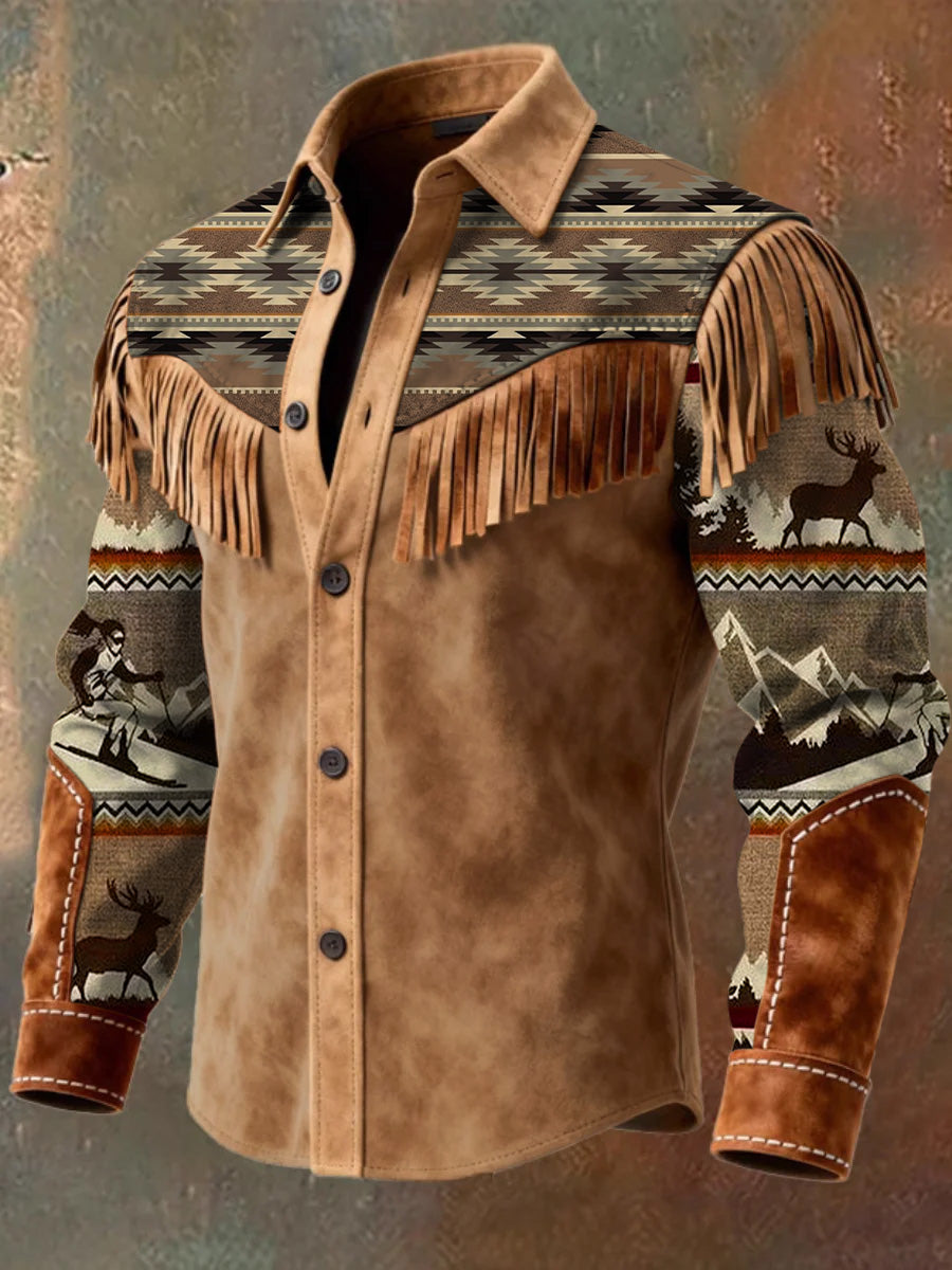 Men's Retro Western Style Art Print Vintage Tassel Casual Long Sleeve Shirt